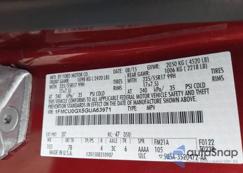 2016 Ford Escape Se z USA, uszkodzony, nr VIN 1FMCU0GX5GUA63971